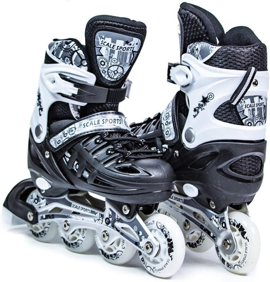 Scale Sports - Adjustuble Roller Skates with light up wheels for children and adults | Black