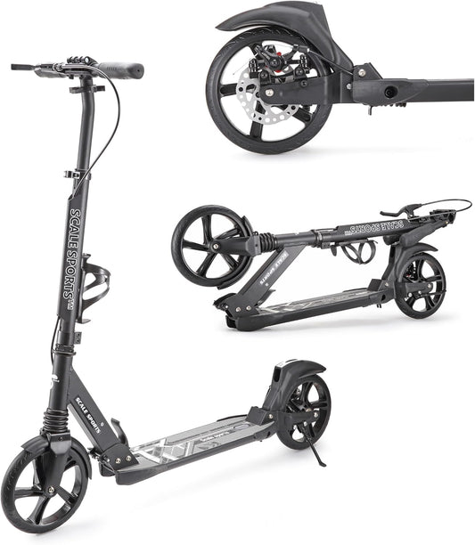 Scale Sports Black Kick Scooter – Folding, Adjustable for Kids & Adults, Disc Brake, Dual Suspension, 200mm Wheels