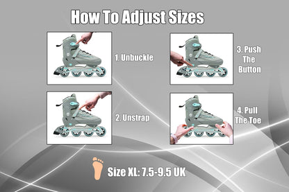 Adjustable Grey-Mint Inline Skates for Adults & Teens – Scale Sports 0935 (UK 7.5–9.5 | EU 41–44)
