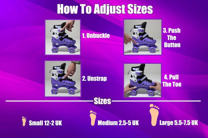 3 sizes Adjustable Quad Roller Skates for boys and girls | Purple