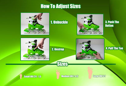 Scale Sports - Adjustuble Roller Skates with light up wheels for children and adults | Green