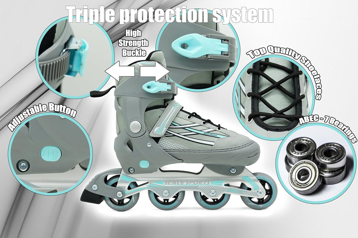 Adjustable Grey-Mint Inline Skates for Adults & Teens – Scale Sports 0935 (UK 7.5–9.5 | EU 41–44)