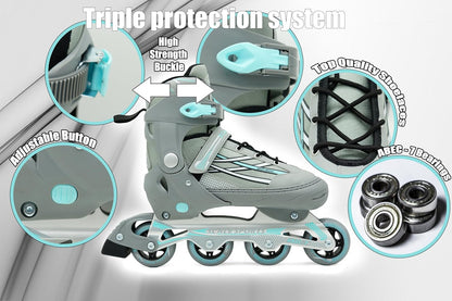 Adjustable Grey-Mint Inline Skates for Adults & Teens – Scale Sports 0935 (UK 7.5–9.5 | EU 41–44)