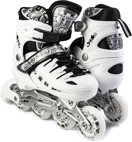 Scale Sports - Adjustuble Roller Skates with light up wheels for children and adults | White