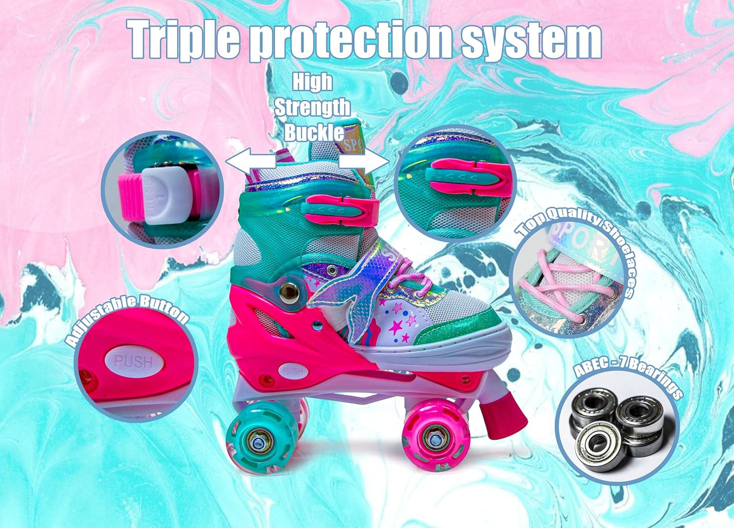 Scale Sports Girls' Mermaid Tail Roller Skates for Girls & Toddlers, Beginner Adjustable Skates with Light Up Wheels | Mint-Pink