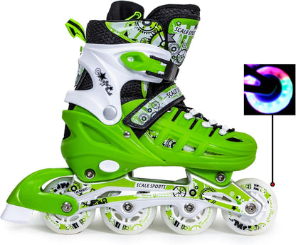Scale Sports - Adjustuble Roller Skates with light up wheels for children and adults | Green