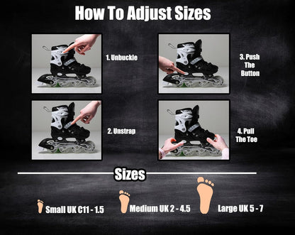Scale Sports - Adjustuble Roller Skates with light up wheels for children and adults | Black