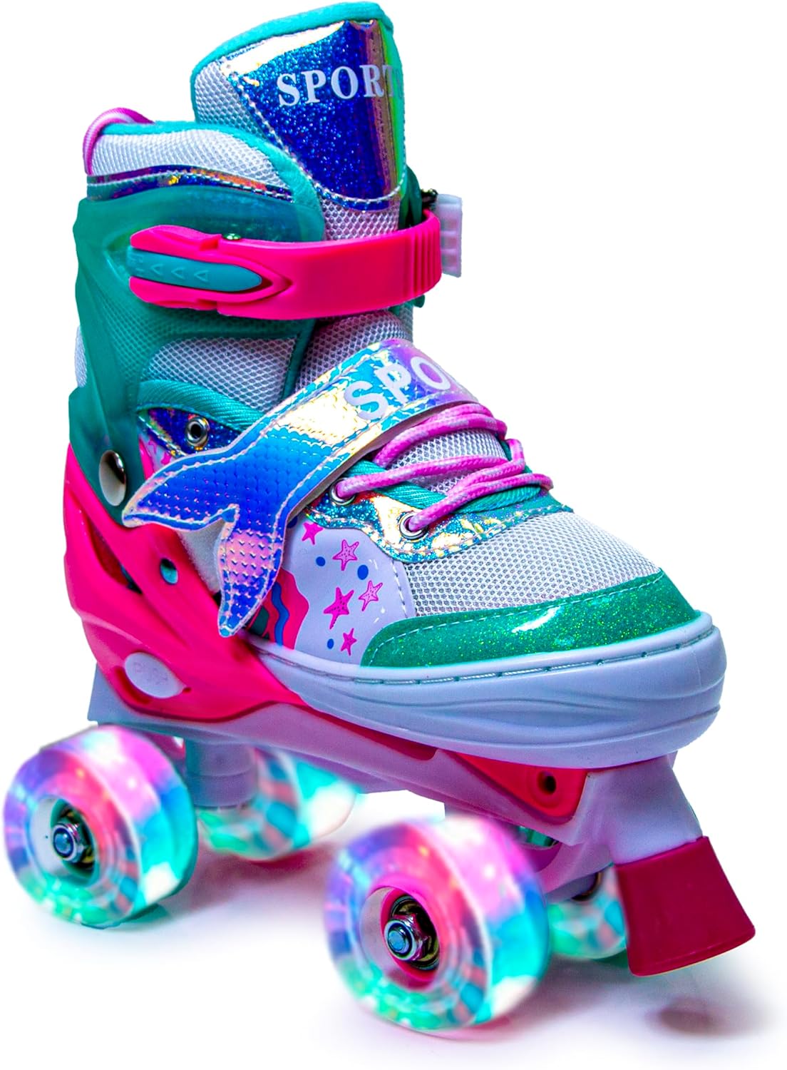Scale Sports Girls' Mermaid Tail Roller Skates for Girls & Toddlers, Beginner Adjustable Skates with Light Up Wheels | Mint-Pink