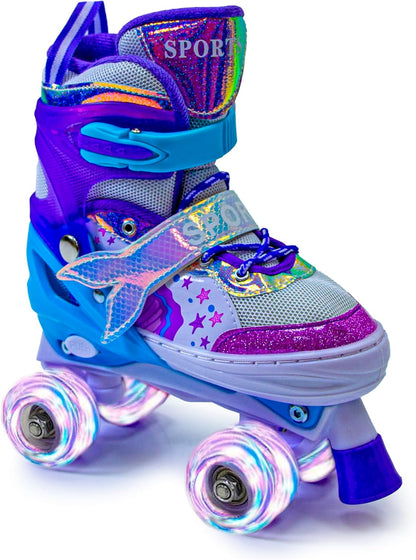 Scale Sports Girls' Mermaid Tail Roller Skates for Girls & Toddlers, Beginner Adjustable Skates with Light Up Wheels | Purple