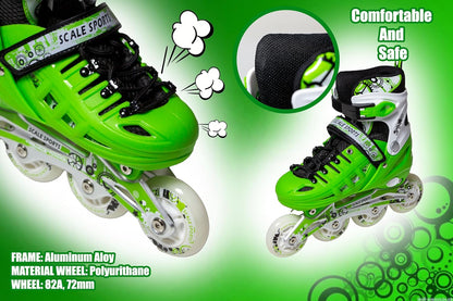 Scale Sports - Adjustuble Roller Skates with light up wheels for children and adults | Green