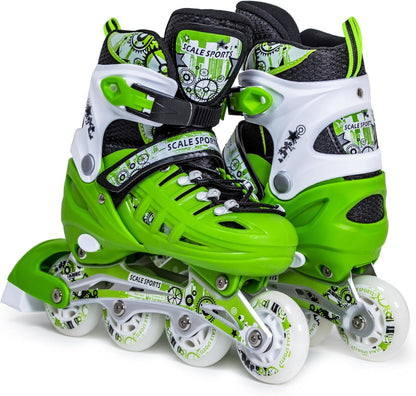 Scale Sports - Adjustuble Roller Skates with light up wheels for children and adults | Green