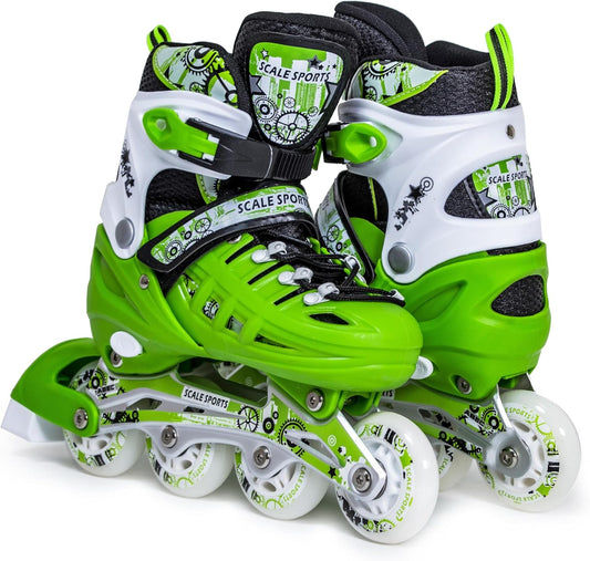 Scale Sports - Adjustuble Roller Skates with light up wheels for children and adults | Green