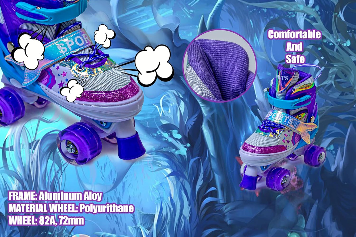 Scale Sports Girls' Mermaid Tail Roller Skates for Girls & Toddlers, Beginner Adjustable Skates with Light Up Wheels | Purple