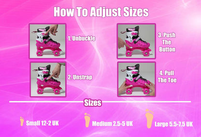 3 sizes Adjustable Quad Roller Skates for boys and girls | Pink