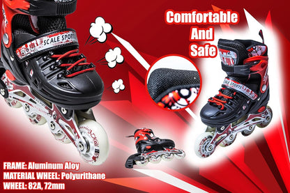 Scale Sports - Adjustuble Roller Skates with light up wheels for children and adults | Red