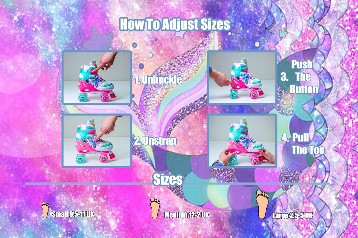Scale Sports Girls' Mermaid Tail Roller Skates for Girls & Toddlers, Beginner Adjustable Skates with Light Up Wheels | Mint-Pink
