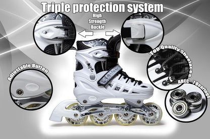 Scale Sports - Adjustuble Roller Skates with light up wheels for children and adults | White