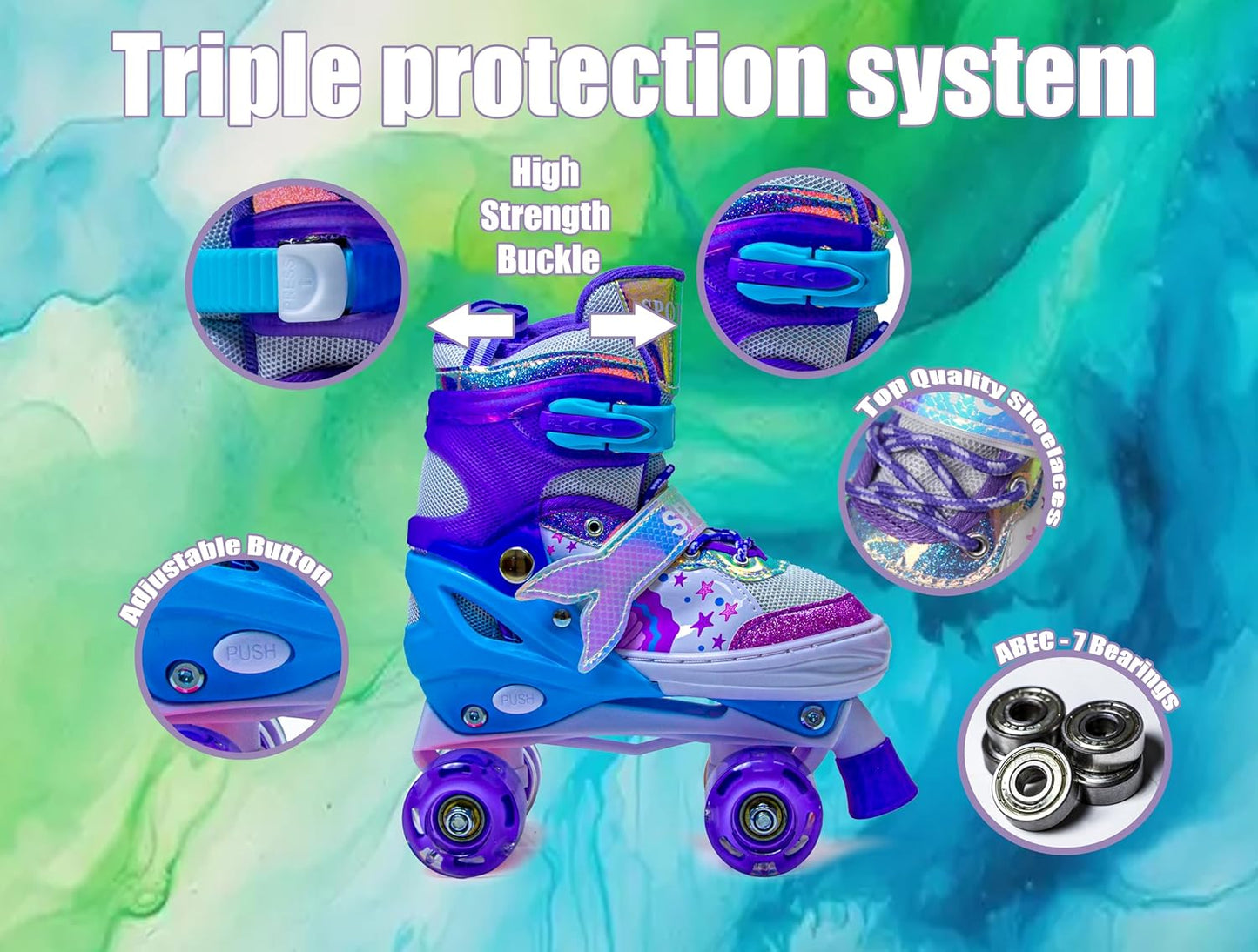 Scale Sports Girls' Mermaid Tail Roller Skates for Girls & Toddlers, Beginner Adjustable Skates with Light Up Wheels | Purple