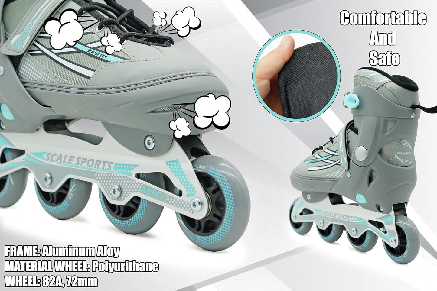 Adjustable Grey-Mint Inline Skates for Adults & Teens – Scale Sports 0935 (UK 7.5–9.5 | EU 41–44)