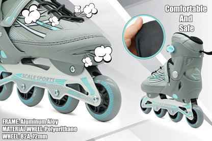 Adjustable Grey-Mint Inline Skates for Adults & Teens – Scale Sports 0935 (UK 7.5–9.5 | EU 41–44)