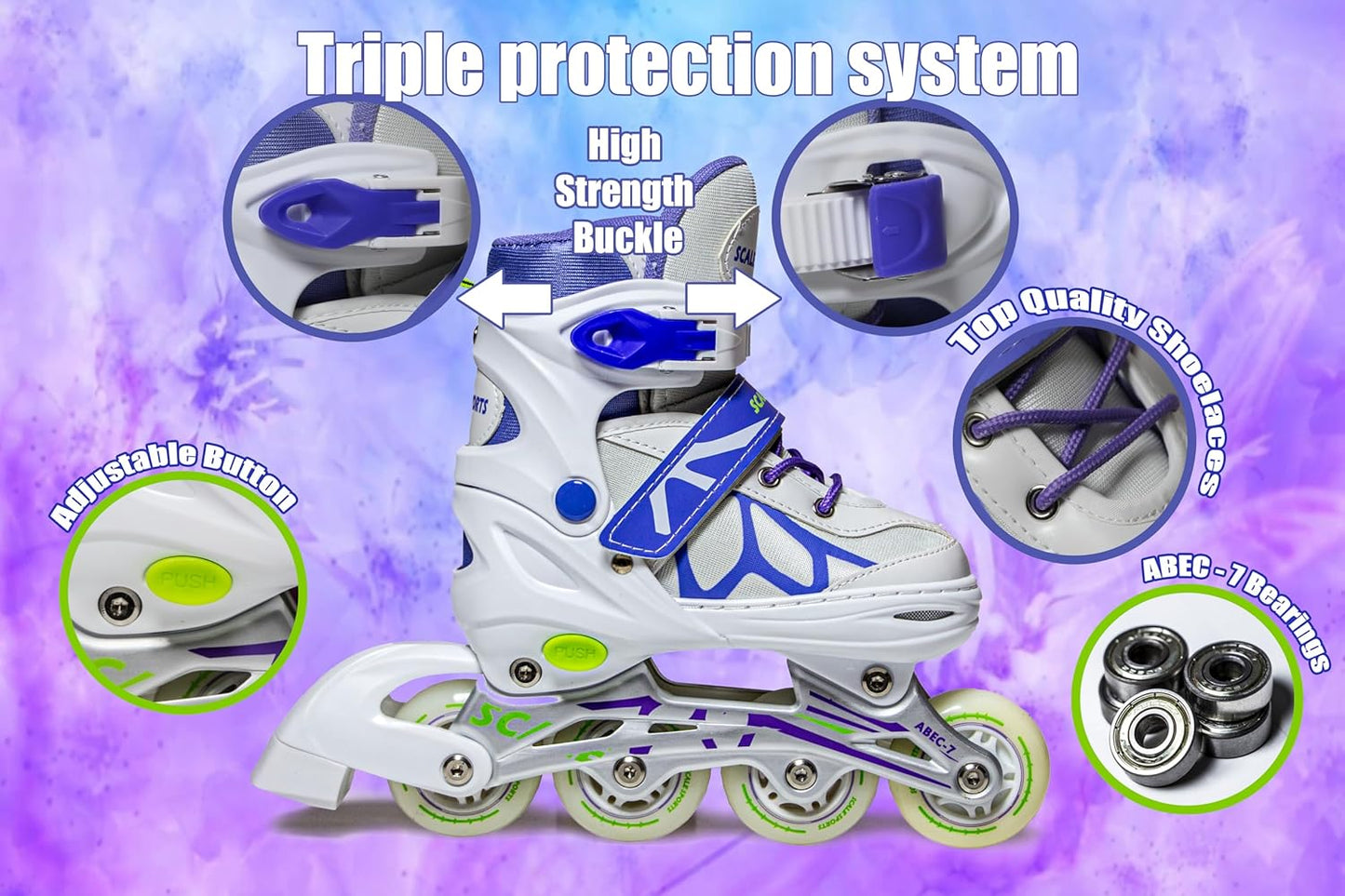 Purple Adjustable Inline Skates for Girls, Teens & Women – Scale Sports 601B | UK C11–7 (EU 30–41