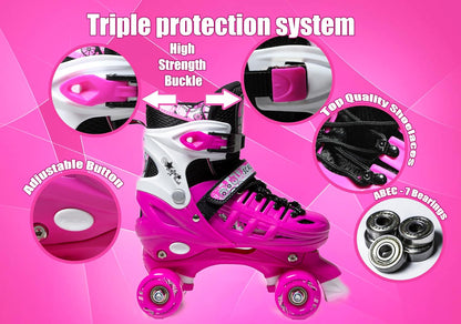 3 sizes Adjustable Quad Roller Skates for boys and girls | Pink
