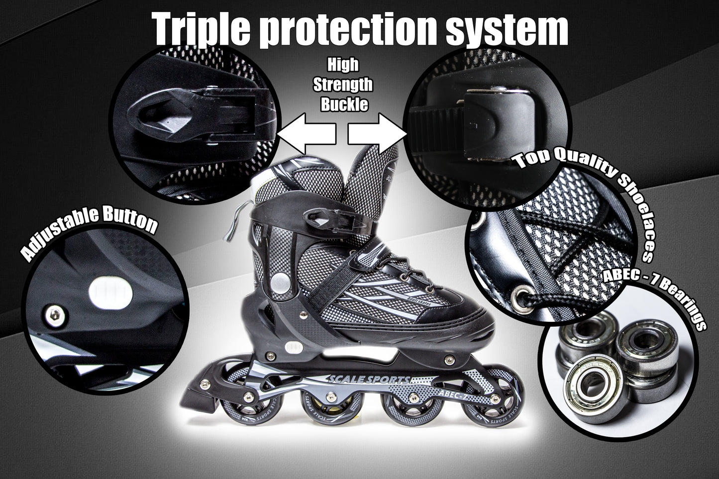 Adjustable Black Inline Skates for Adults & Teens – Scale Sports 0935 (UK 7.5–9.5 | EU 41–44)