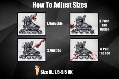 Adjustable Black Inline Skates for Adults & Teens – Scale Sports 0935 (UK 7.5–9.5 | EU 41–44)