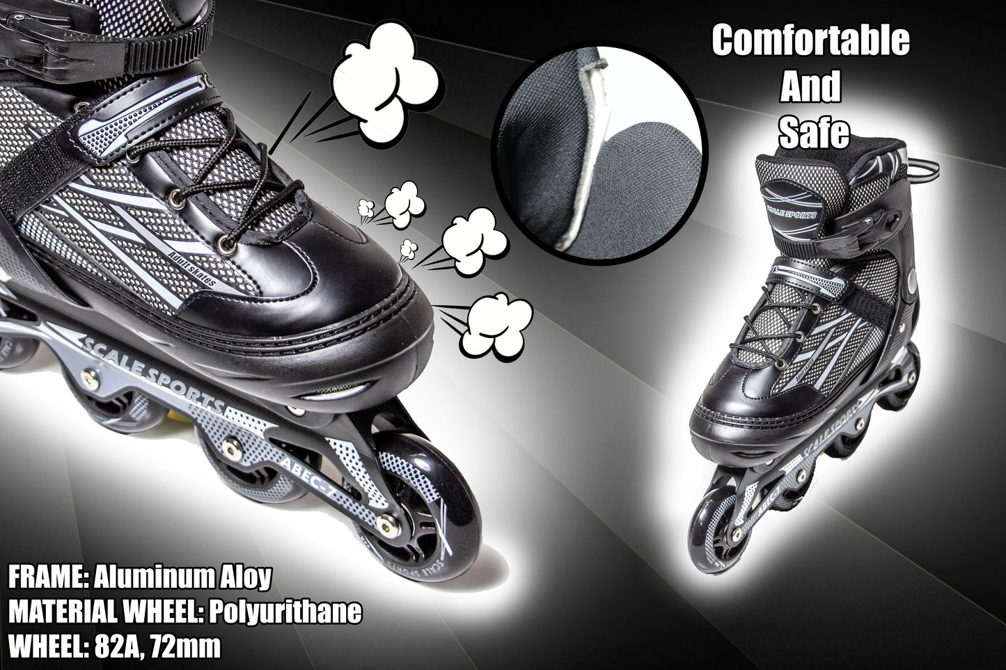 Adjustable Black Inline Skates for Adults & Teens – Scale Sports 0935 (UK 7.5–9.5 | EU 41–44)