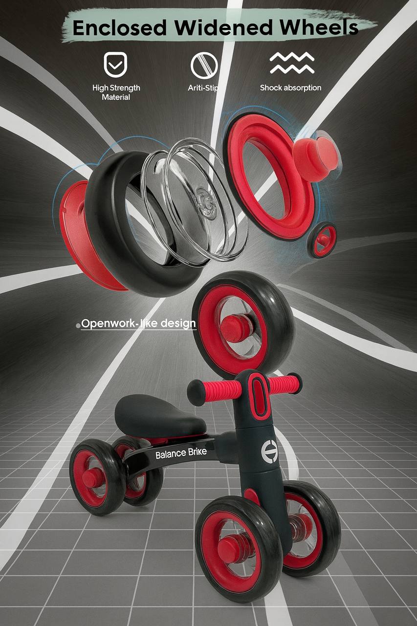 Baby Balance Bike for 1 Year Old Boys Girls – Toddler Bike 12–24 Months with 4 Wheels & Adjustable Seat – First Birthday Gift Ride-On Toy for Indoor Outdoor Use Black Red