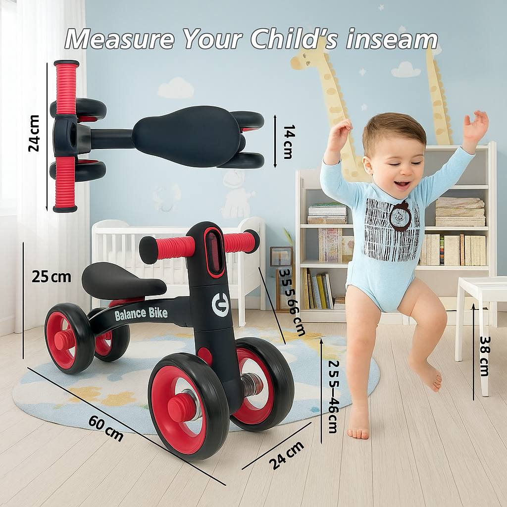 Baby Balance Bike for 1 Year Old Boys Girls – Toddler Bike 12–24 Months with 4 Wheels & Adjustable Seat – First Birthday Gift Ride-On Toy for Indoor Outdoor Use Black Red