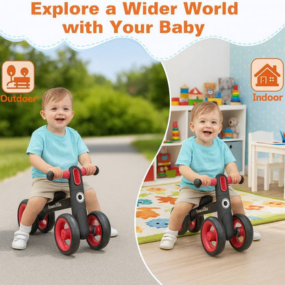 Baby Balance Bike for 1 Year Old Boys Girls – Toddler Bike 12–24 Months with 4 Wheels & Adjustable Seat – First Birthday Gift Ride-On Toy for Indoor Outdoor Use Black Red