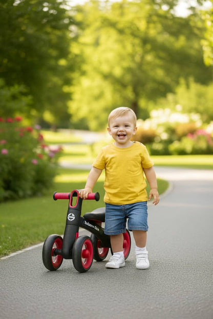 Baby Balance Bike for 1 Year Old Boys Girls – Toddler Bike 12–24 Months with 4 Wheels & Adjustable Seat – First Birthday Gift Ride-On Toy for Indoor Outdoor Use Black Red