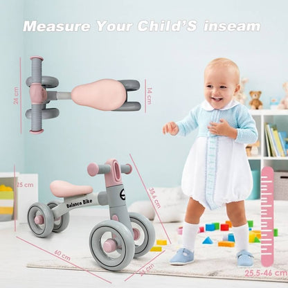 Baby Balance Bike for 1 Year Old Boys Girls – Toddler Bike 12–24 Months with 4 Wheels & Adjustable Seat – First Birthday Gift Ride-On Toy for Indoor Outdoor Use Pink
