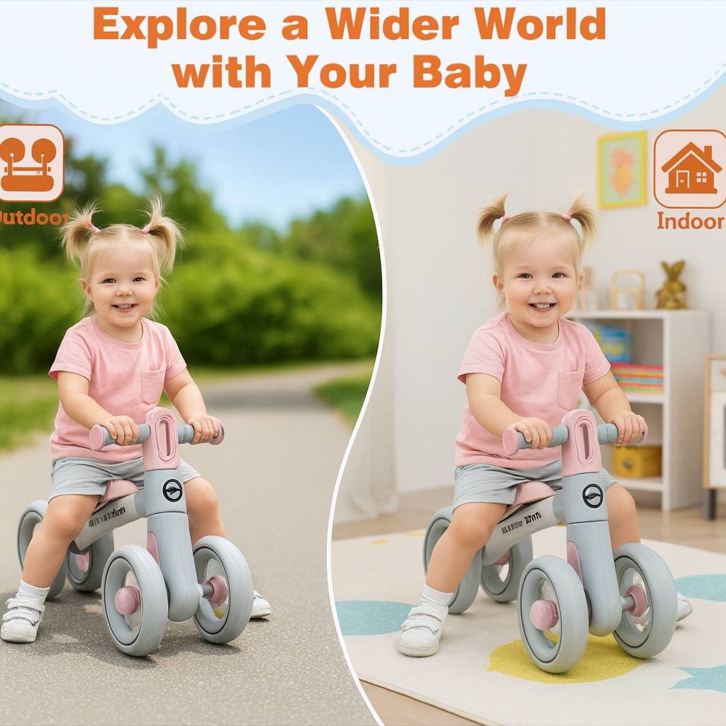 Baby Balance Bike for 1 Year Old Boys Girls – Toddler Bike 12–24 Months with 4 Wheels & Adjustable Seat – First Birthday Gift Ride-On Toy for Indoor Outdoor Use Pink