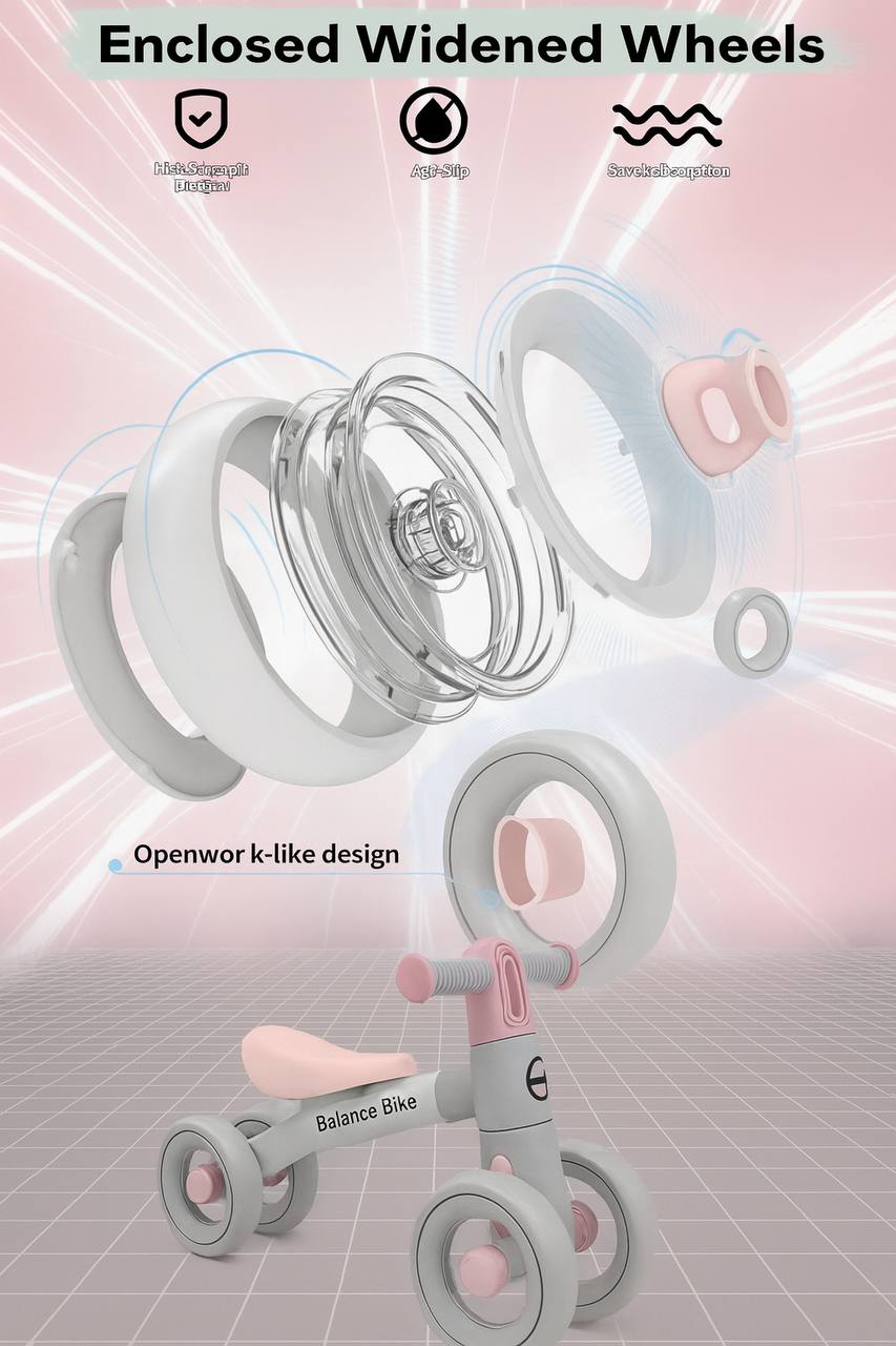 Baby Balance Bike for 1 Year Old Boys Girls – Toddler Bike 12–24 Months with 4 Wheels & Adjustable Seat – First Birthday Gift Ride-On Toy for Indoor Outdoor Use Pink