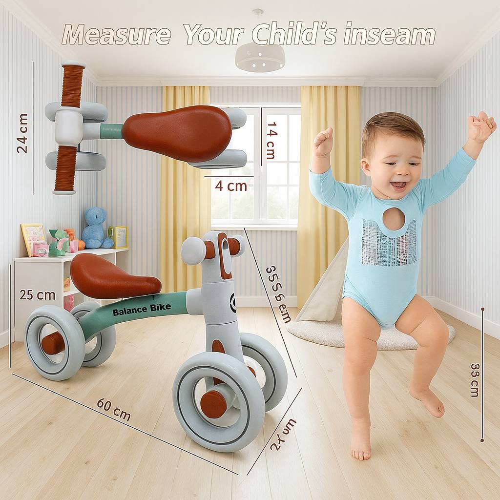 Baby Balance Bike for 1 Year Old Boys Girls – Toddler Bike 12–24 Months with 4 Wheels & Adjustable Seat – First Birthday Gift Ride-On Toy for Indoor Outdoor Use Brown