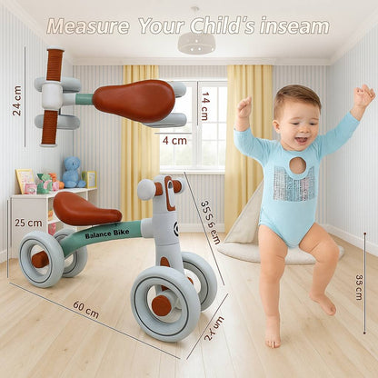 Baby Balance Bike for 1 Year Old Boys Girls – Toddler Bike 12–24 Months with 4 Wheels & Adjustable Seat – First Birthday Gift Ride-On Toy for Indoor Outdoor Use Brown