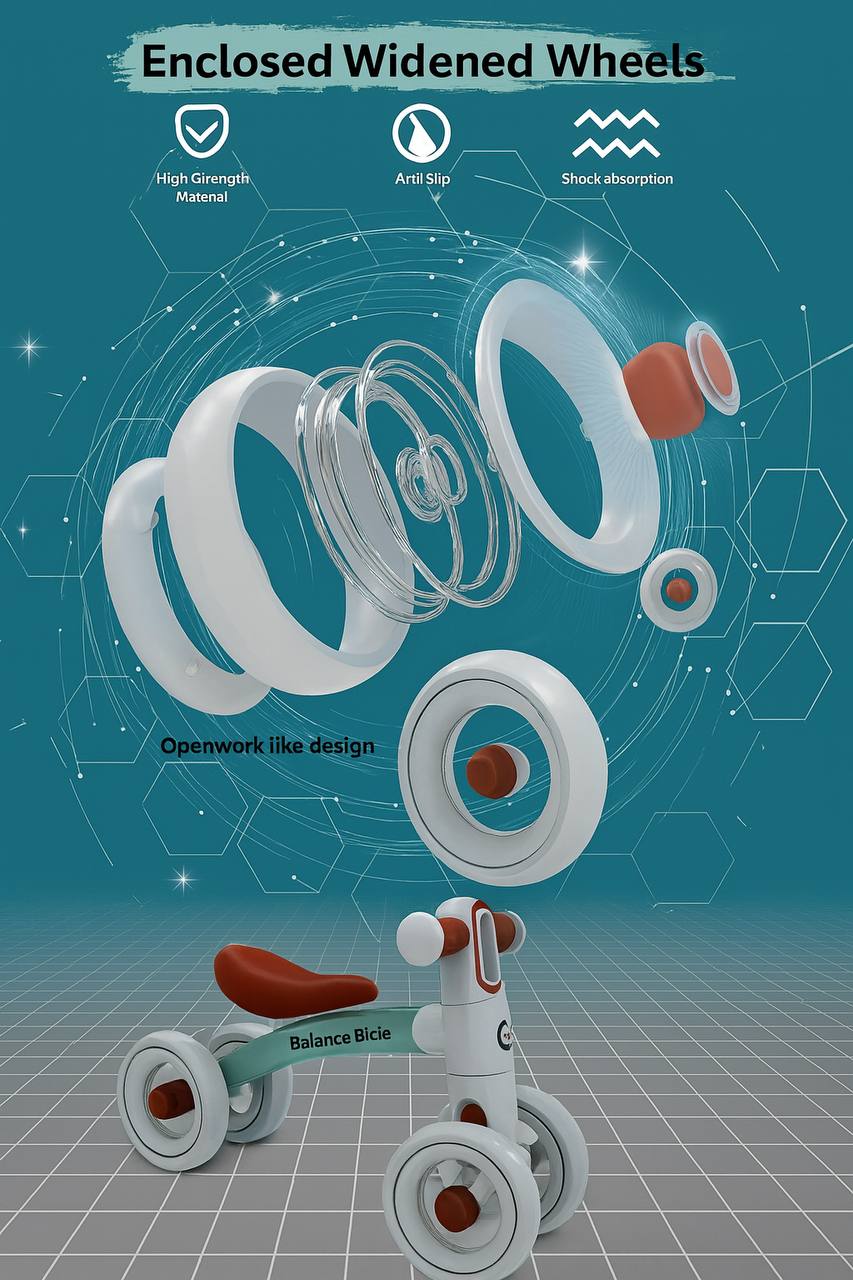 Baby Balance Bike for 1 Year Old Boys Girls – Toddler Bike 12–24 Months with 4 Wheels & Adjustable Seat – First Birthday Gift Ride-On Toy for Indoor Outdoor Use Brown