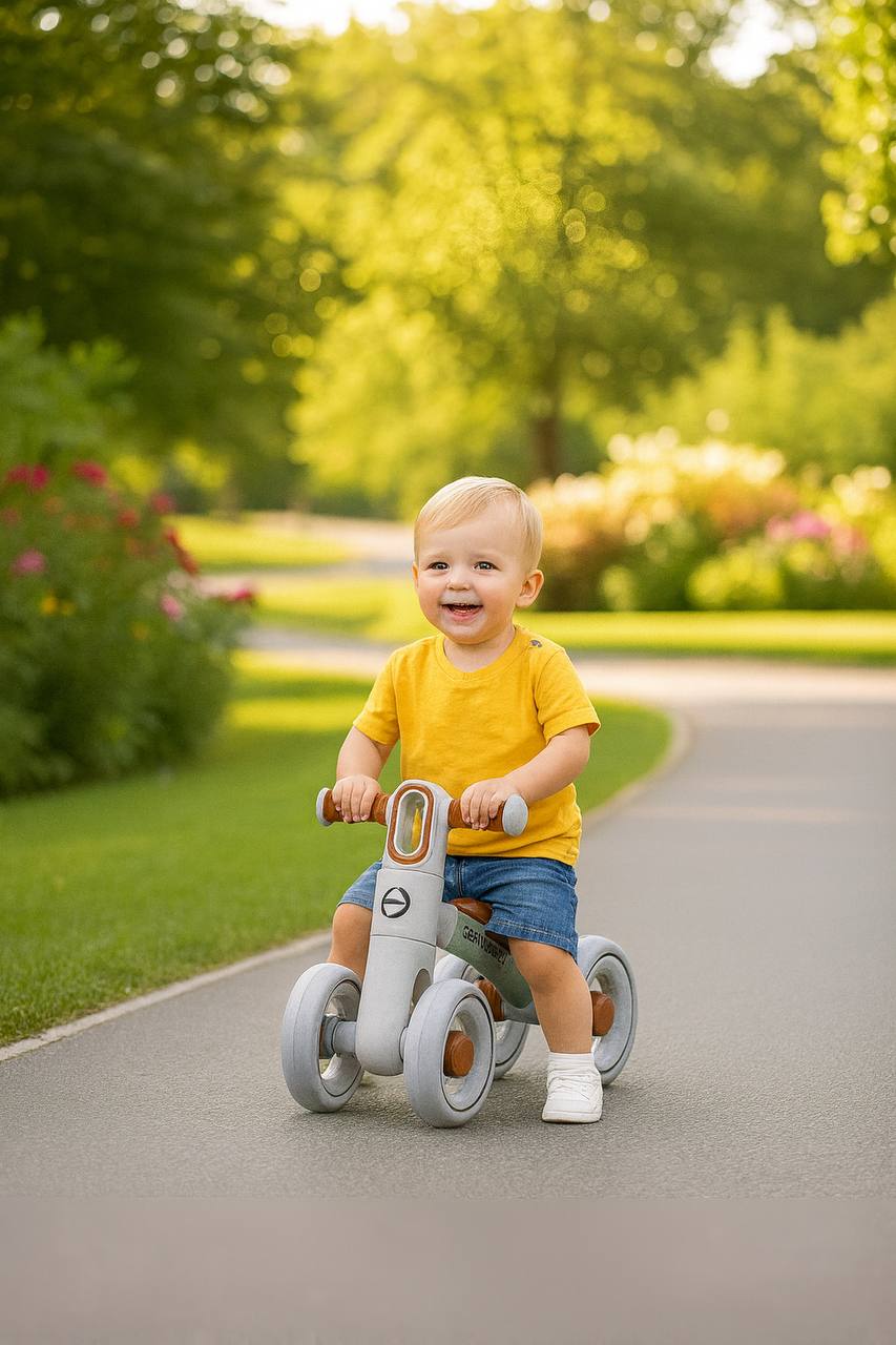 Baby Balance Bike for 1 Year Old Boys Girls – Toddler Bike 12–24 Months with 4 Wheels & Adjustable Seat – First Birthday Gift Ride-On Toy for Indoor Outdoor Use Brown
